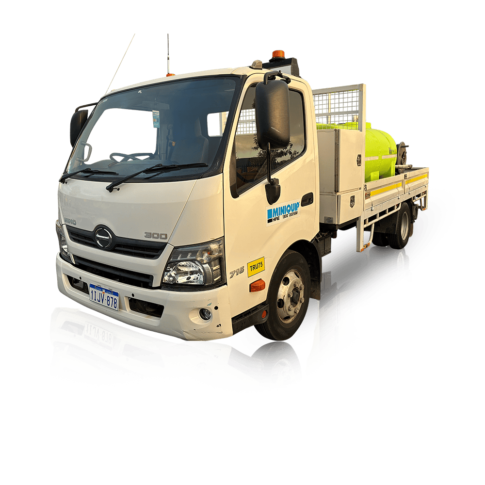 Miniquip 2000L water truck available for hire, featuring a compact design and water tank, ideal for construction and landscaping projects.