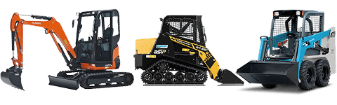 A lineup of Miniquip hire compact excavators and skid steer loaders for construction and landscaping projects.