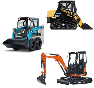 Collection of Miniquip mini excavators and skid steer loaders for construction and landscaping projects.